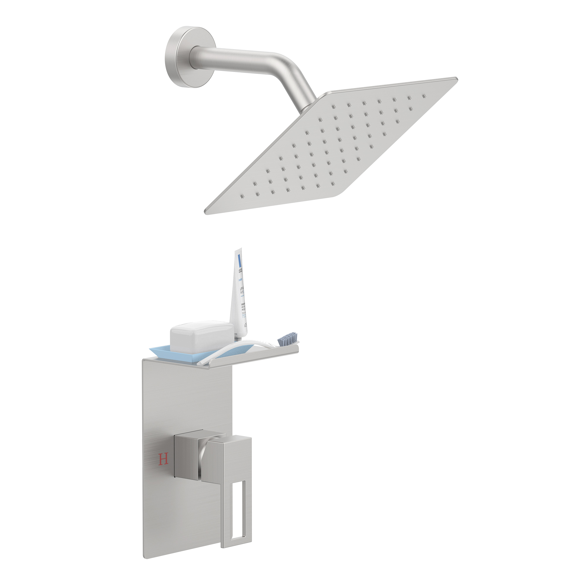 Shower Faucet With Storage Rack 8-inch Rain Shower Head Shower decoration kit with single spray shower head Shower Faucet Set Complete Brushed Nickel[Unable ship on weekends, TK/TEMU only for pickup, only TX10643 warehouse supports GOFO] wi